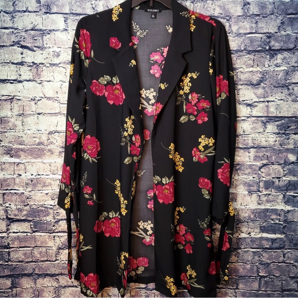 Roz & Ali Black Pink Floral Polyester Open Front Lapel Kimono Blazer Top Size XL